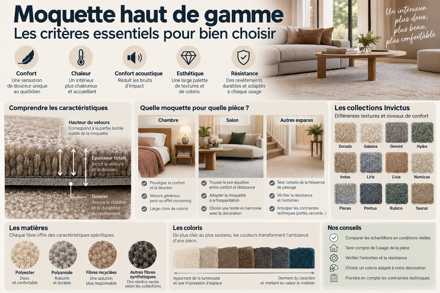 Sch�ma pour choisir une moquette haut de gamme : confort, �paisseur, mati�res, coloris et usages